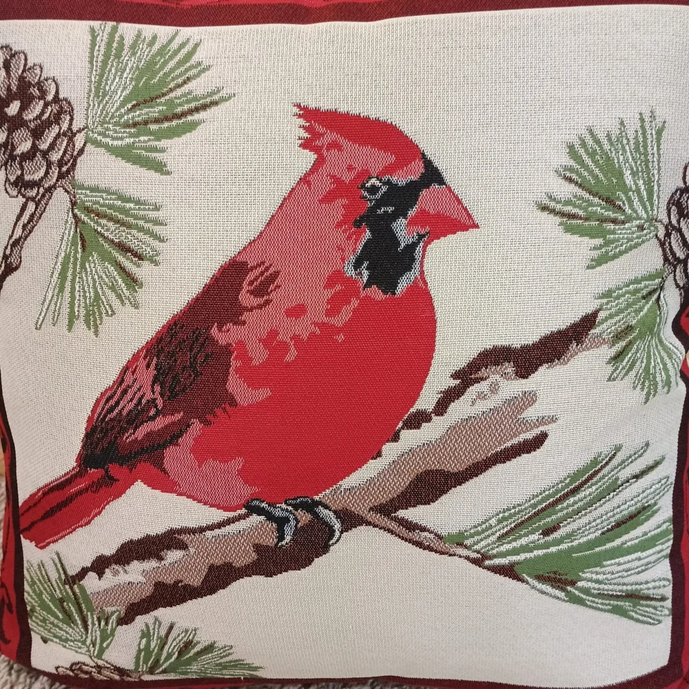 Vintage Cardinal Bird On Pine Branch Tapestry Throw Pillow Red Tan 18x18